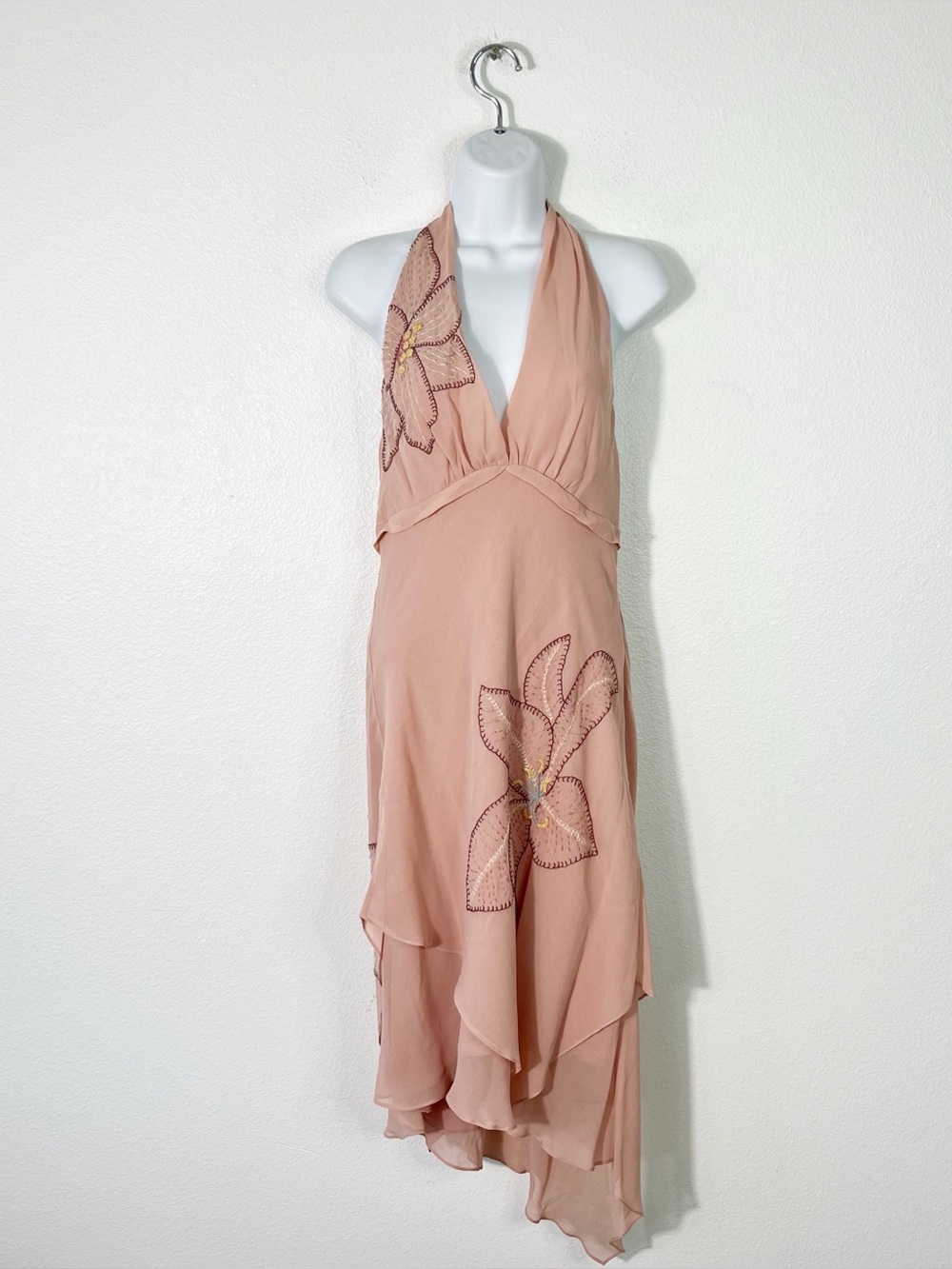 Y2K BCBGmaxazria Pink Silk Dress Fairycore Angel Ethereal Halter Embroidered 10